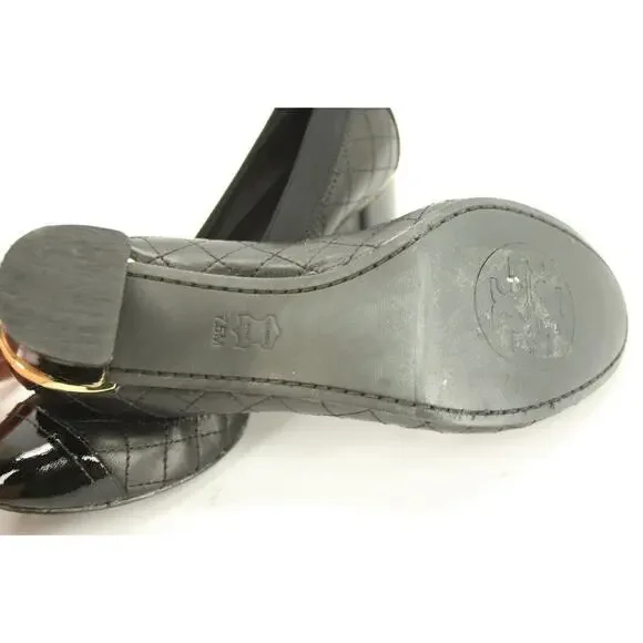 Tory Burch Black Leather Carrie Cap Toe Ballet Heels Pumps Size 7.5 Logo